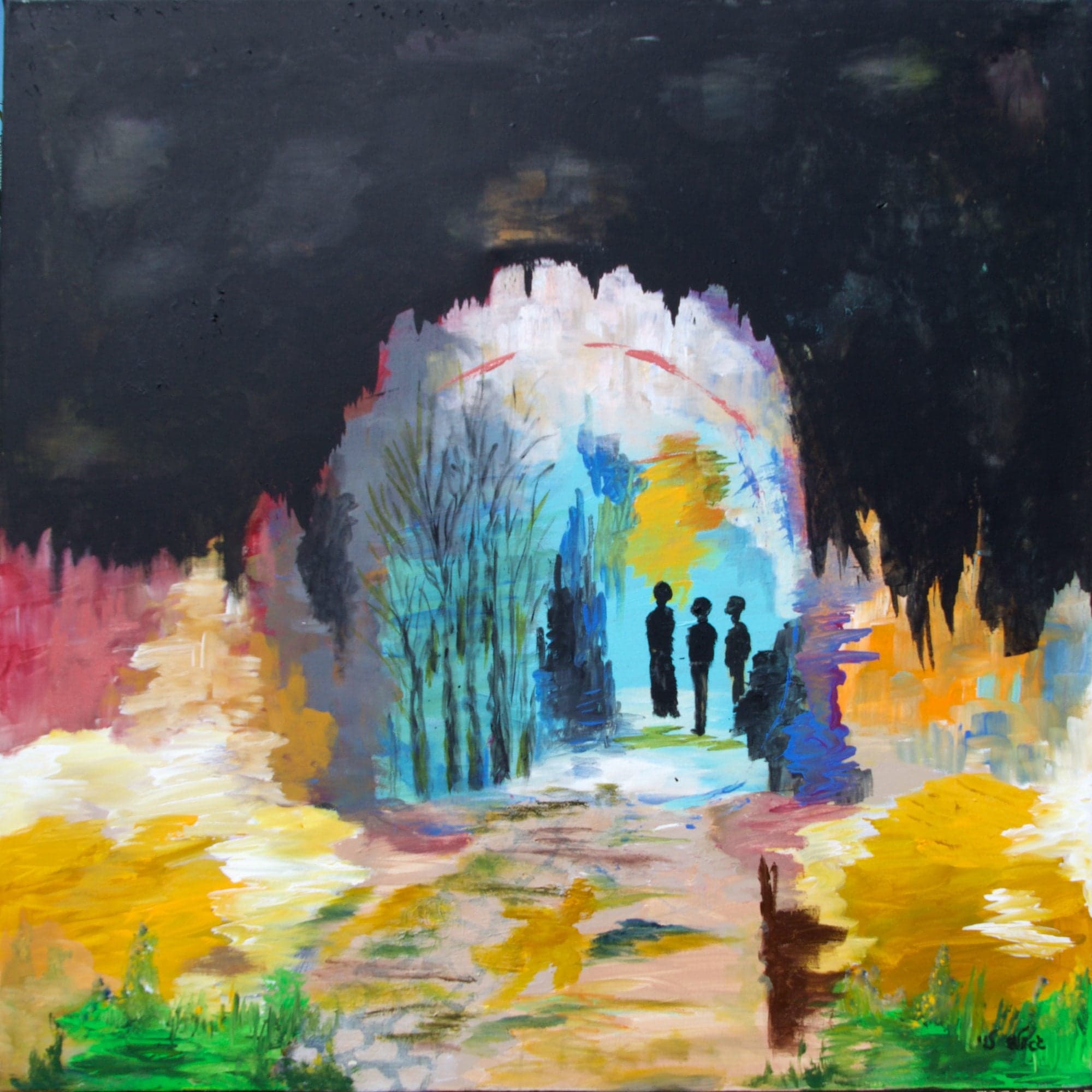A bright clearing of blue trees and three small black figures, framed by a dark cave-like mass and golden and pink foliage.