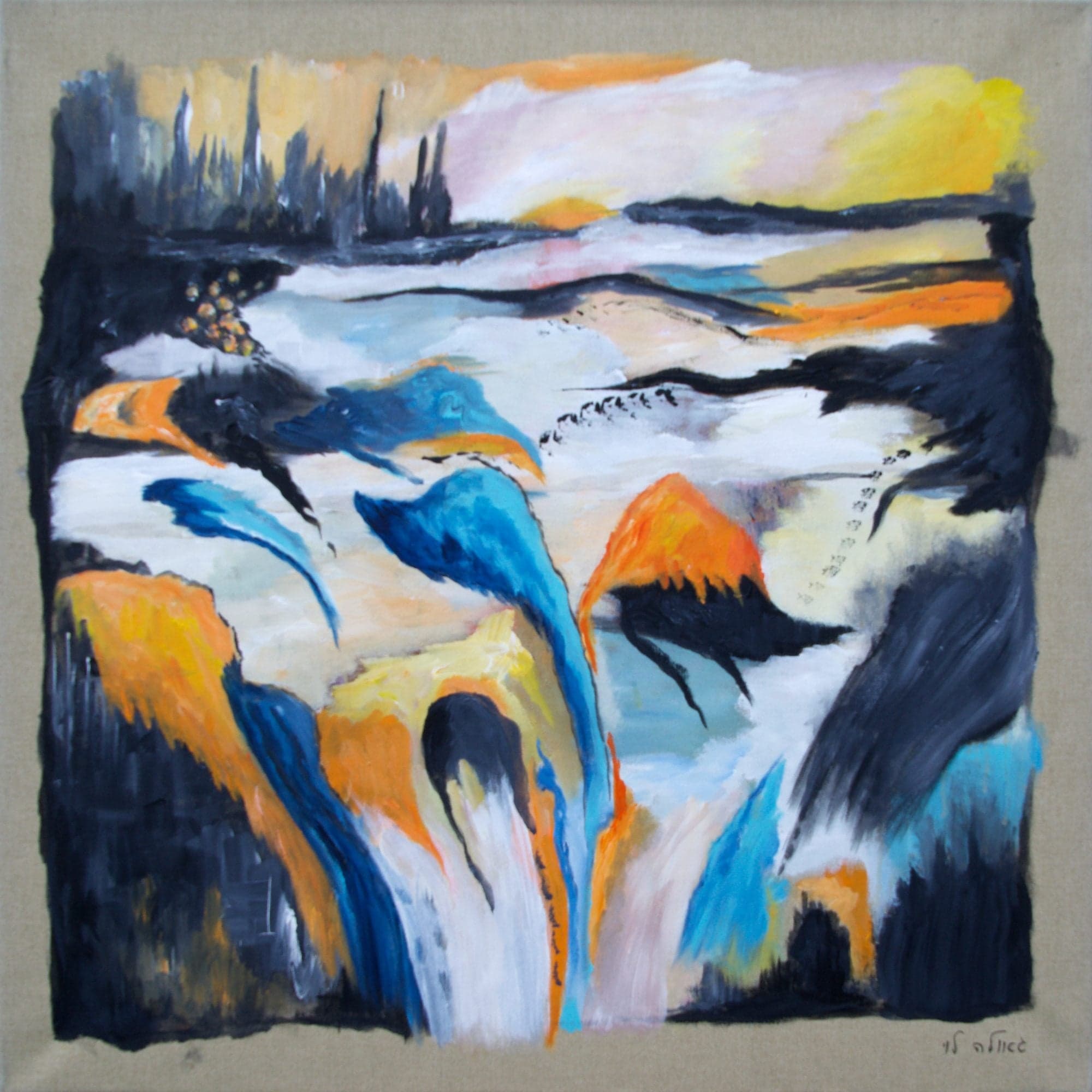 Blue, orange and white forms cascade like waterfalls between dark cliffs under a pale yellow sky, painted on raw linen.