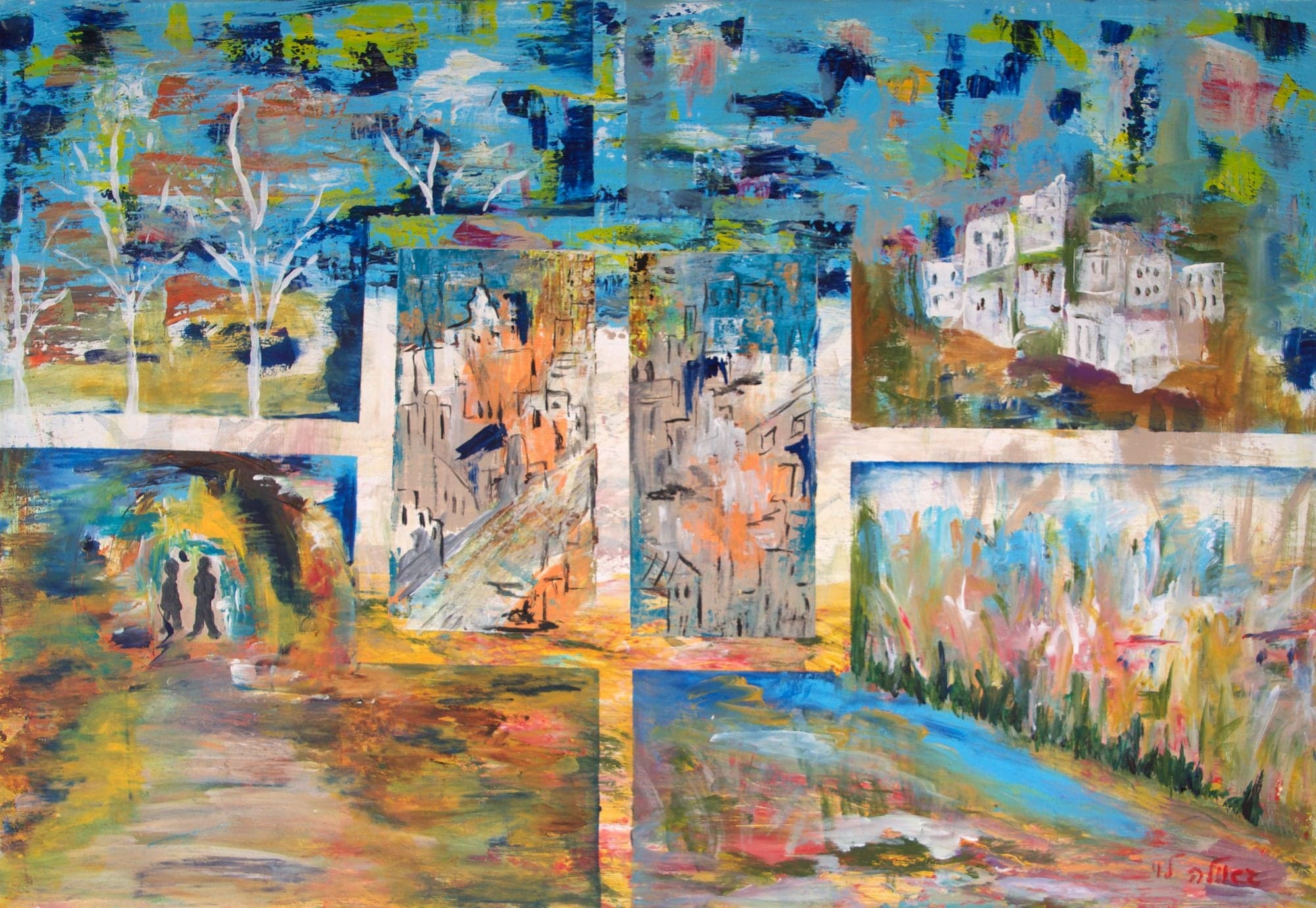 A collage of window-like panels showing birch trees, a cave with two figures, a white village and a field of flowers, on a blue speckled ground.