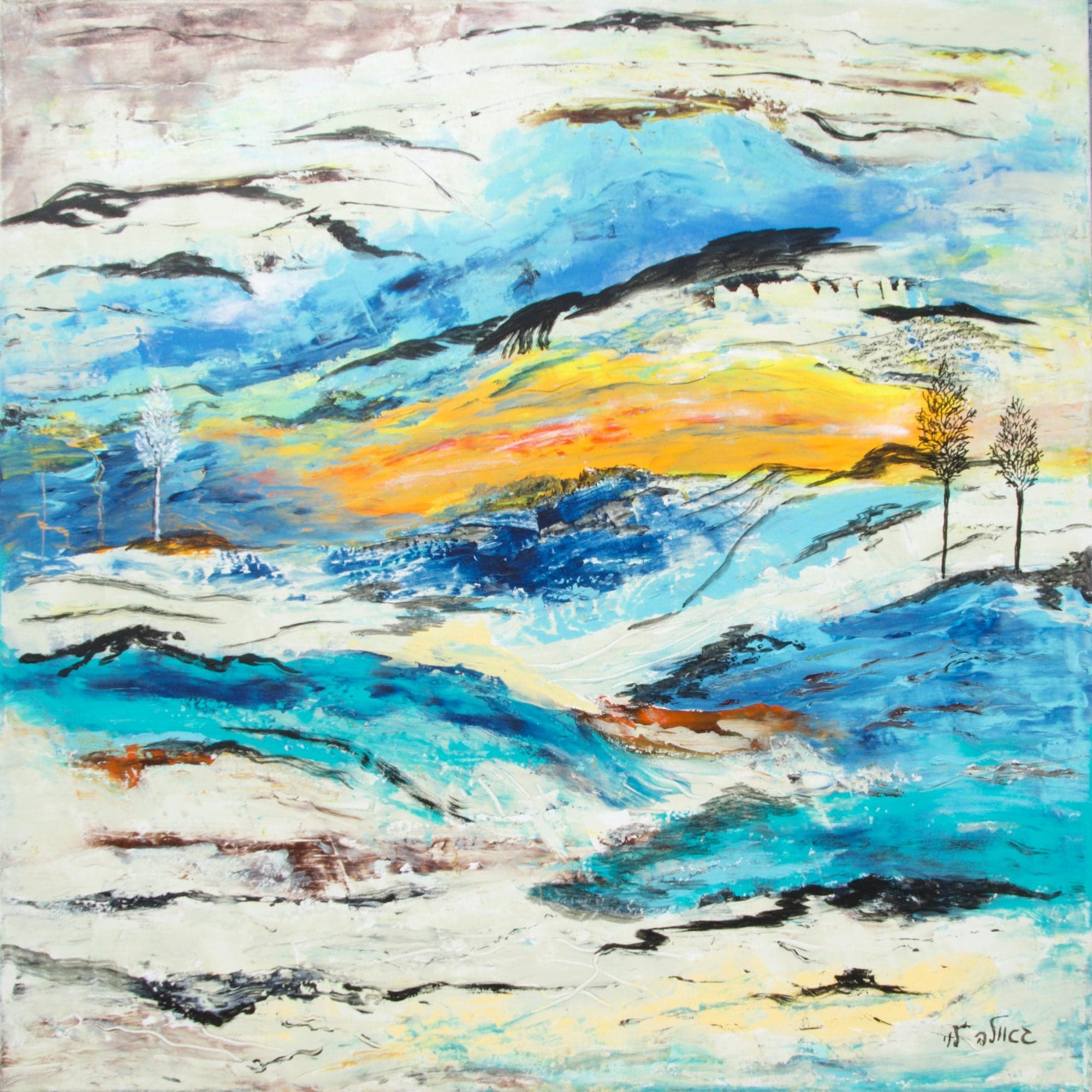 Layers of white earth, turquoise and deep blue water and dark ridges under a band of fiery orange light, with two small bare trees.