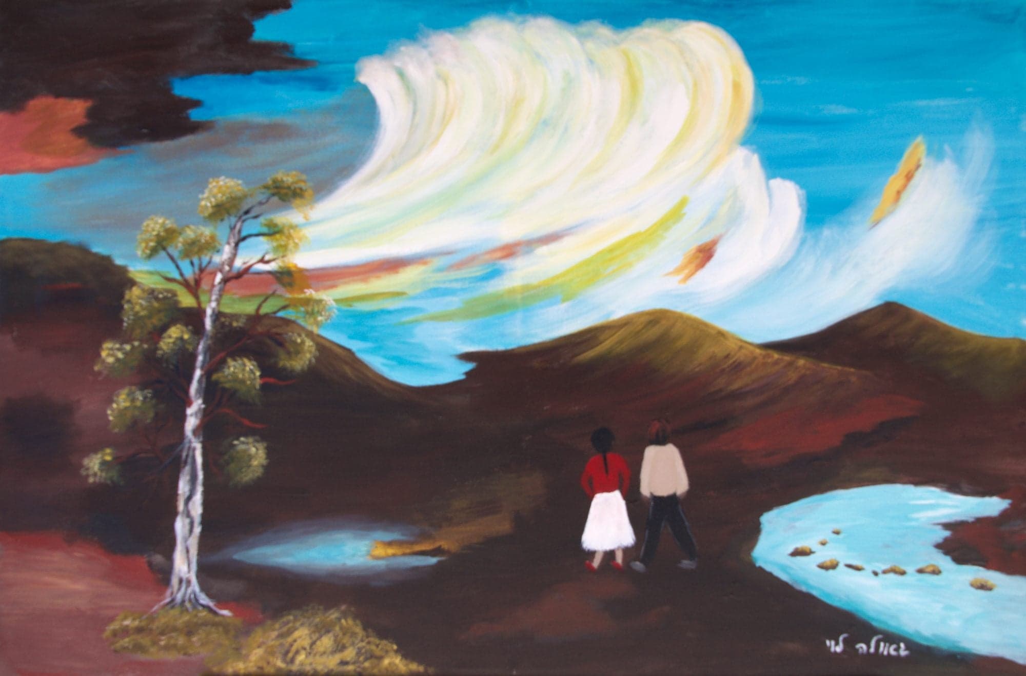 A couple stands among brown hills beside a lone birch, under a blue sky with a great white and yellow cloud, near a pale blue stream.