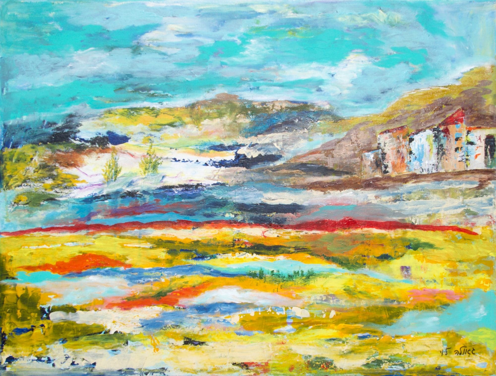 Bands of yellow sand, red and blue sea and turquoise sky, with a hillside village of colourful houses at the right.
