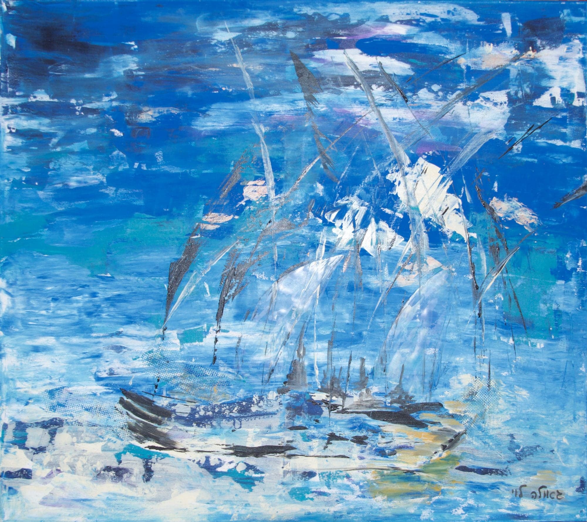 Ghostly sailing ships emerge from a churning sea of blue and white palette-knife strokes.
