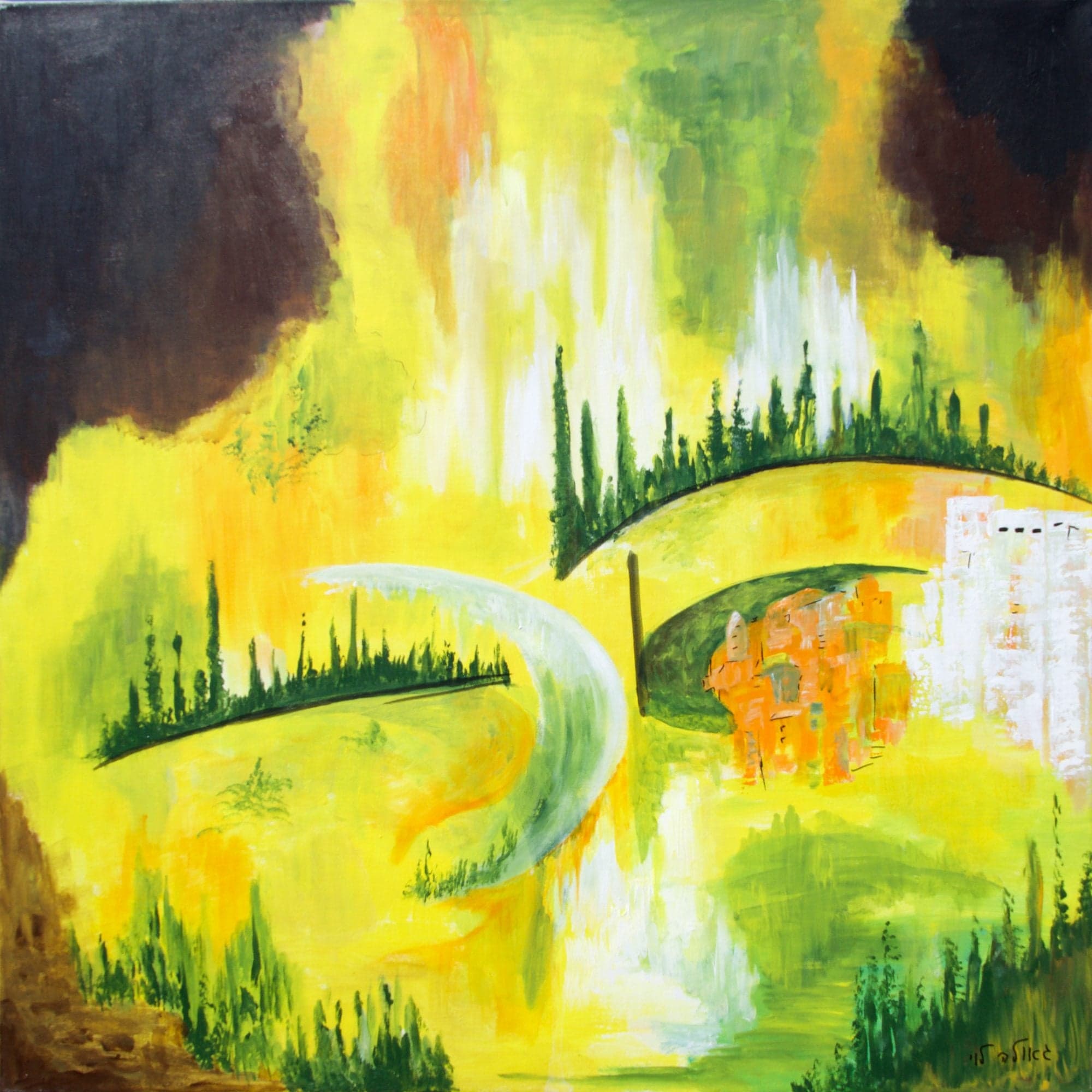 A glowing yellow landscape with two curved green ridges of cypress trees, a small orange village and dark clouds at the top corners.