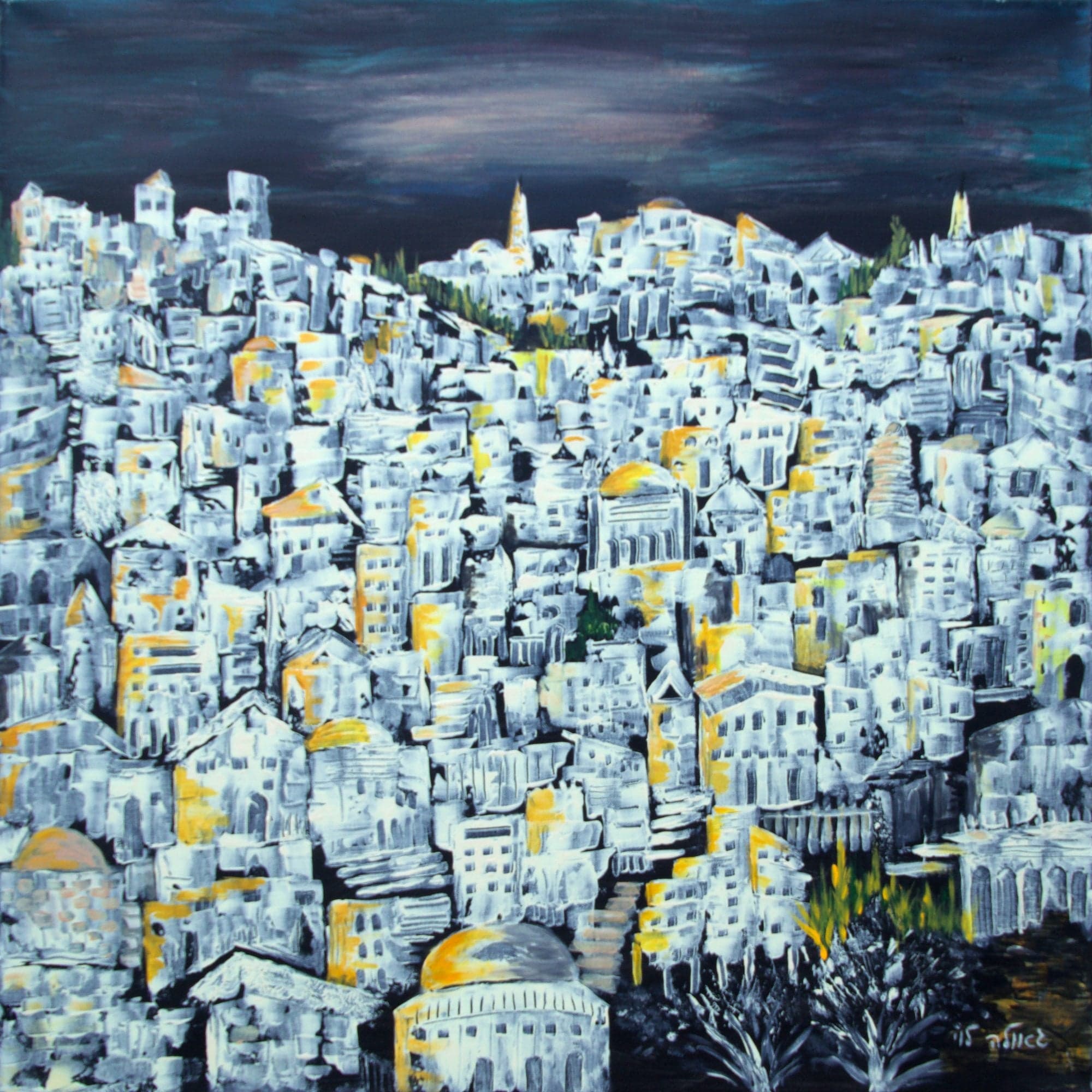 צלע גבעה עצומה של בתים לבנים ואפורים עם נגיעות זהב וכיפה זהובה, תחת שמי לילה כהים ומעוננים.