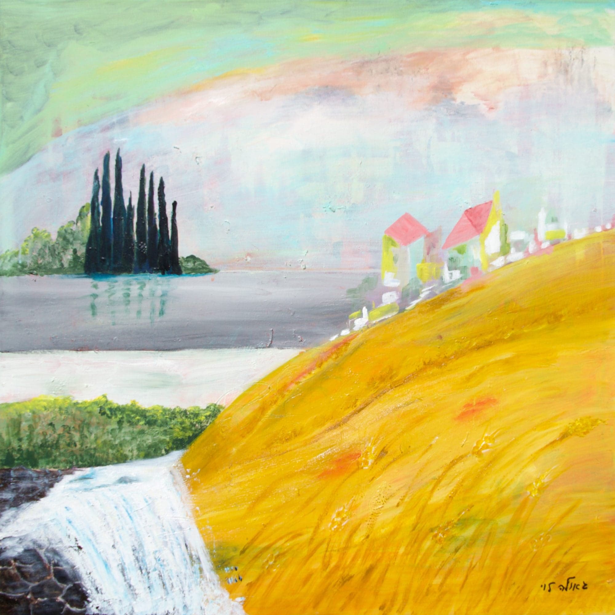 A view from a golden wheat-covered hill over a pale lake with a cypress island, a white waterfall below and red-roofed houses on the slope.