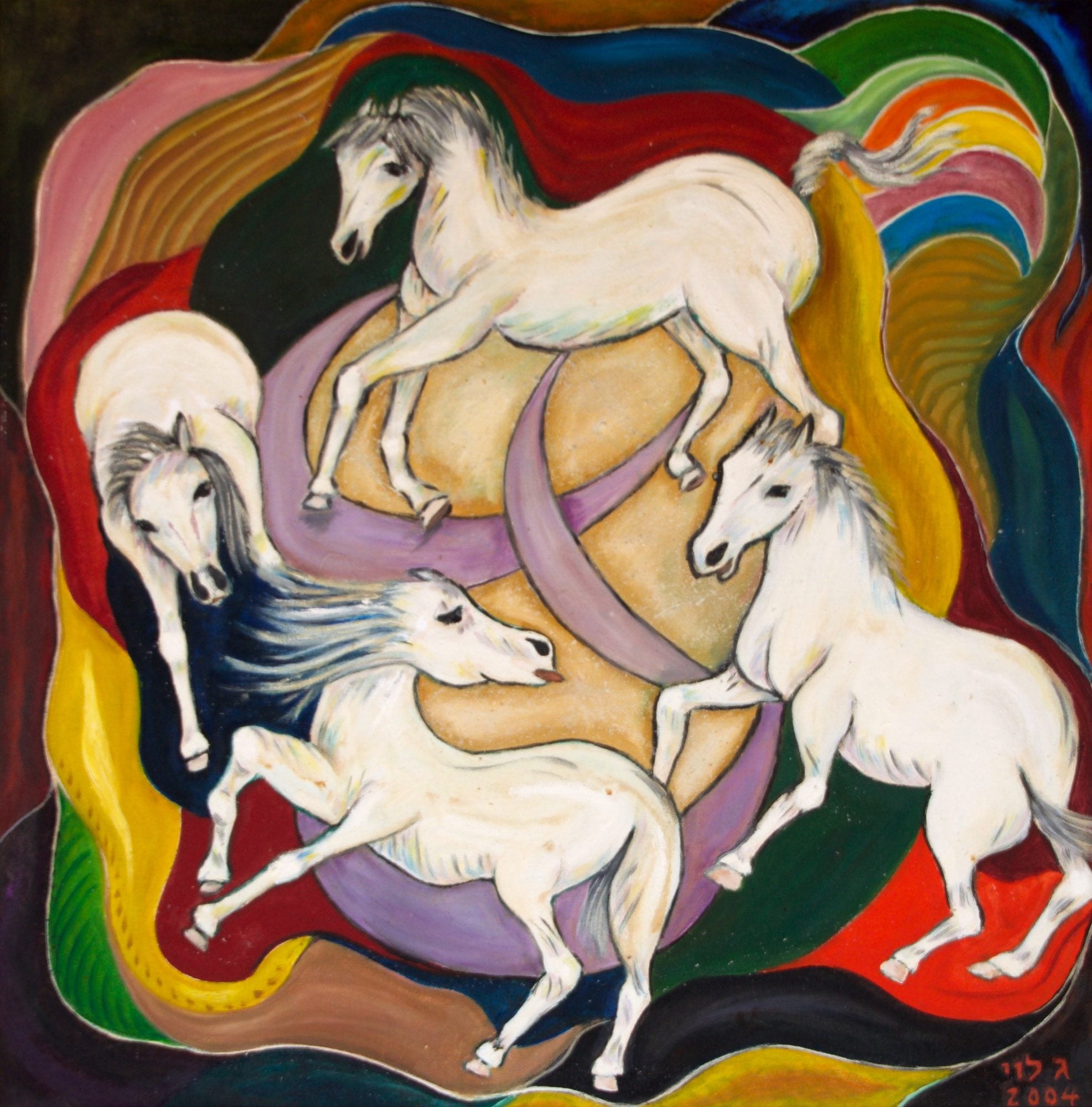 Four white horses leap and twist through swirling ribbons of red, yellow, green, lilac and blue.
