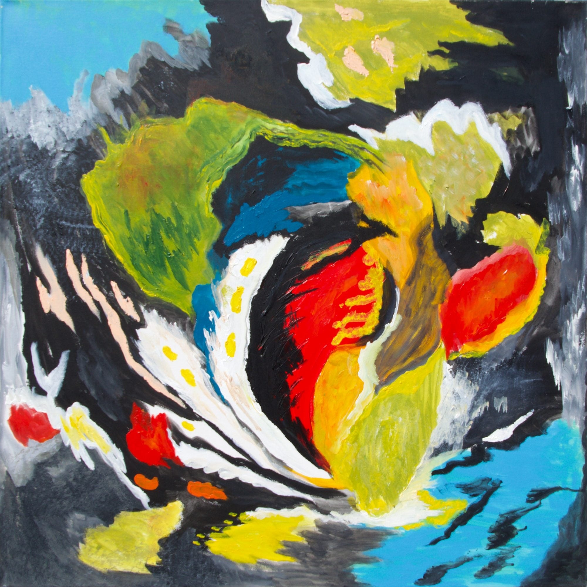An explosive swirl of yellow, red, green and white shapes like coral and spray, on a dark grey and black ground with patches of sky blue.