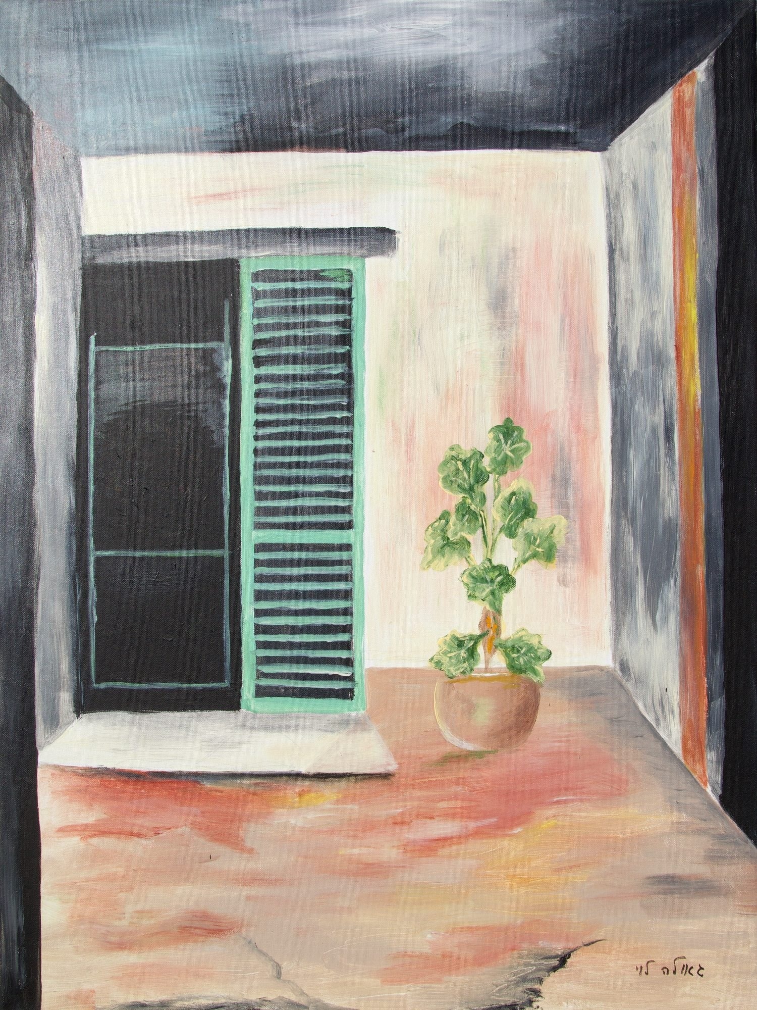 A quiet courtyard corner: a dark doorway with a mint-green shutter, a potted plant on a pinkish floor, between grey walls.