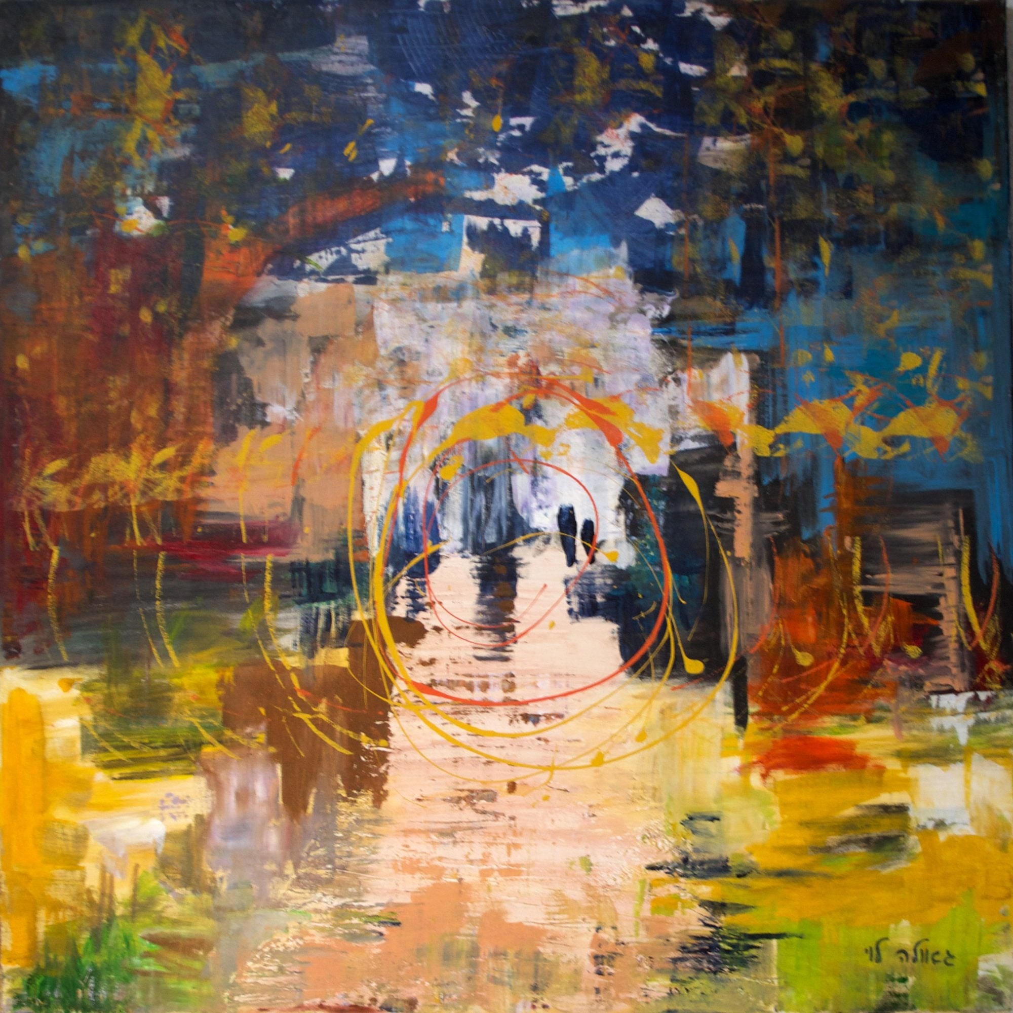 A path leading through autumn foliage in deep blue, rust and yellow toward a glowing opening, overlaid with loose golden circles.