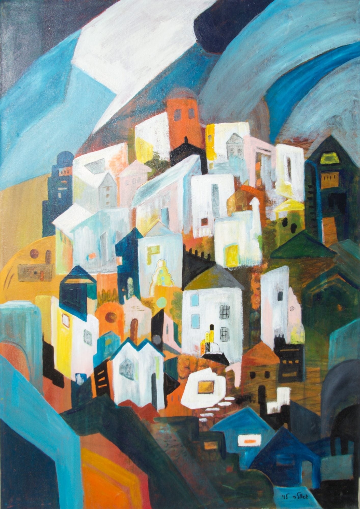 A cluster of small white houses rises on a hill of ochre, orange and dark blue, beneath sweeping arcs of blue and white.