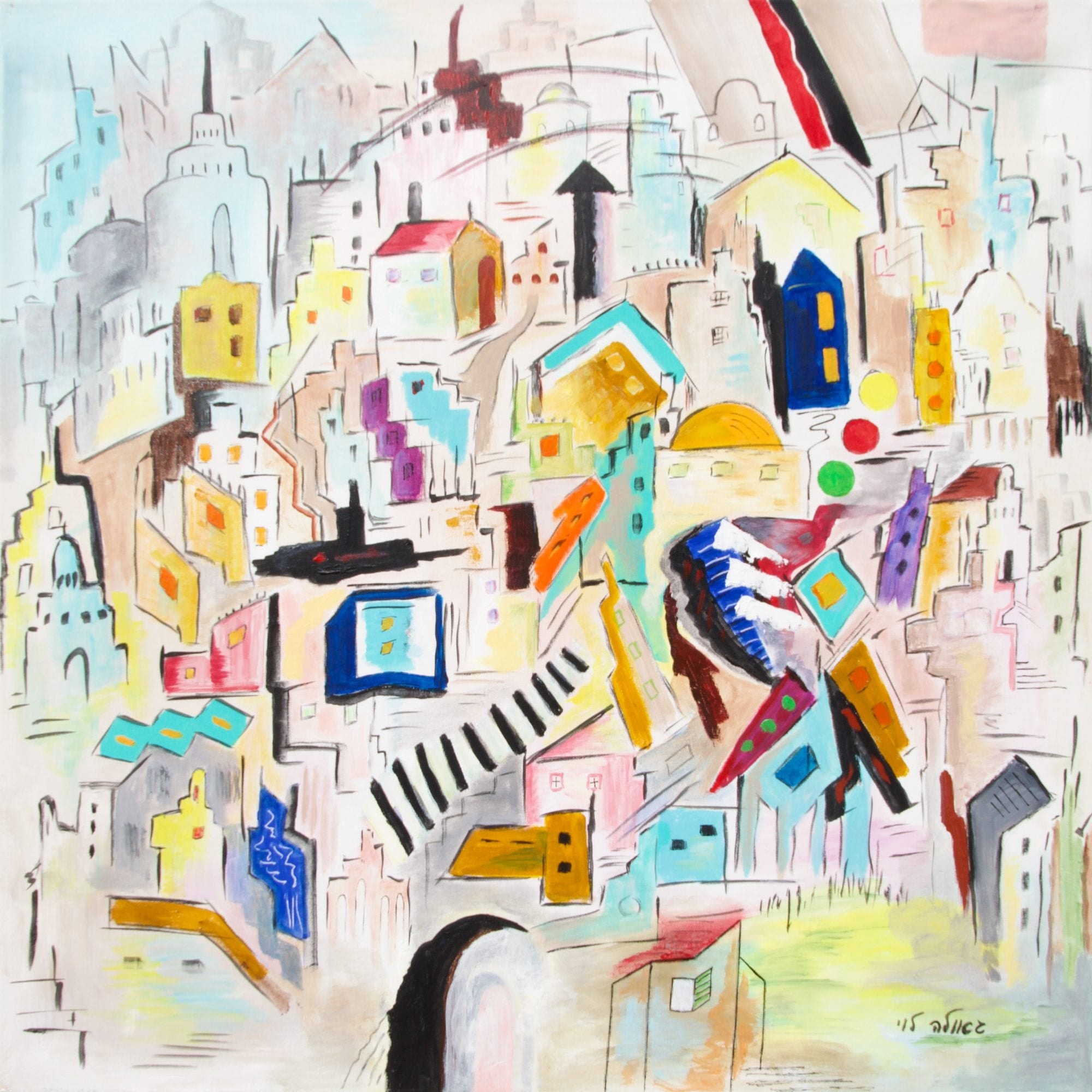 A pale, airy city sketched in fine black lines with pastel houses, a black arrow, a striped stair, red and green dots and a dark arch at the bottom.
