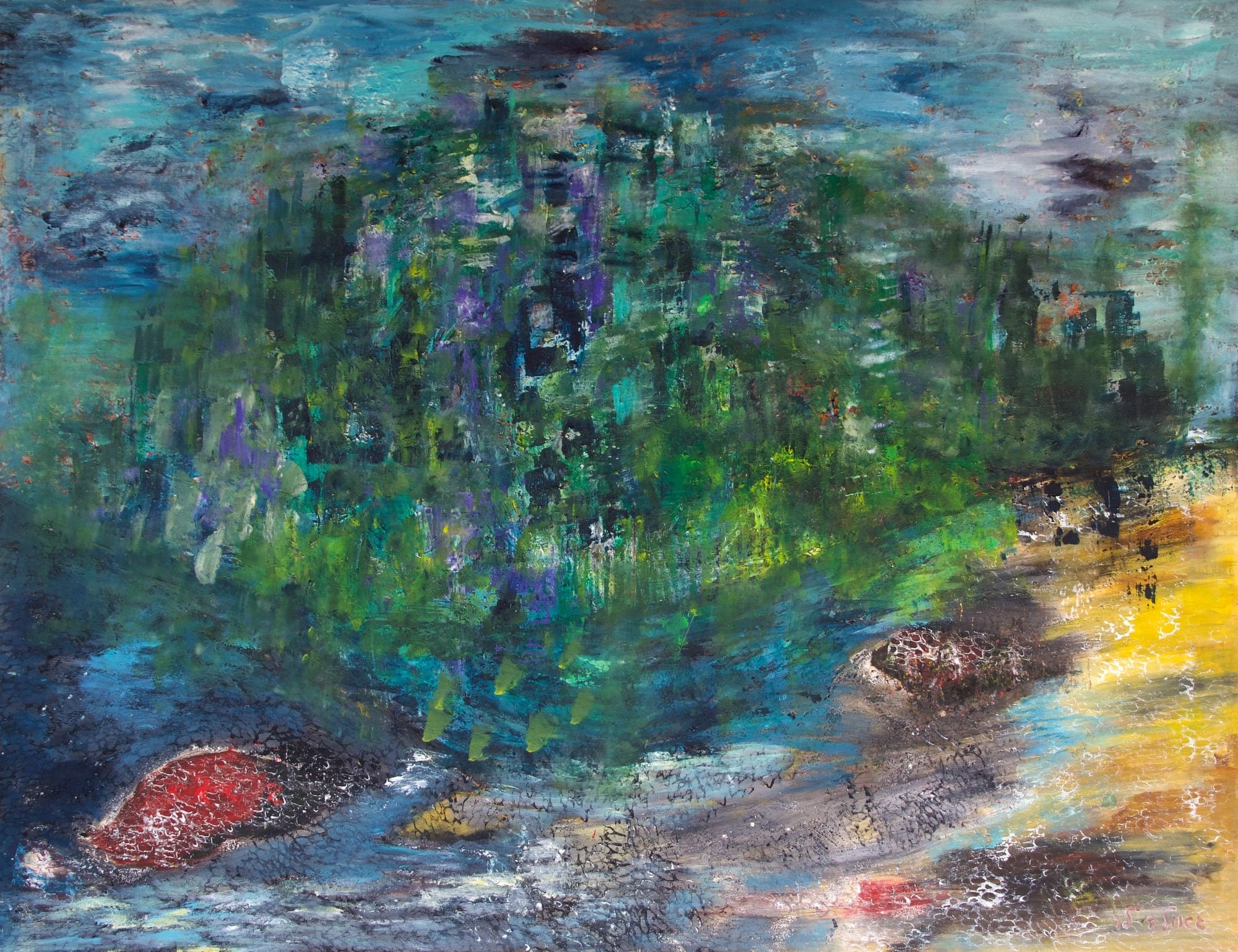 A dense forest of green, blue and violet brushstrokes washes down toward a sandy yellow shore with red and brown stones.