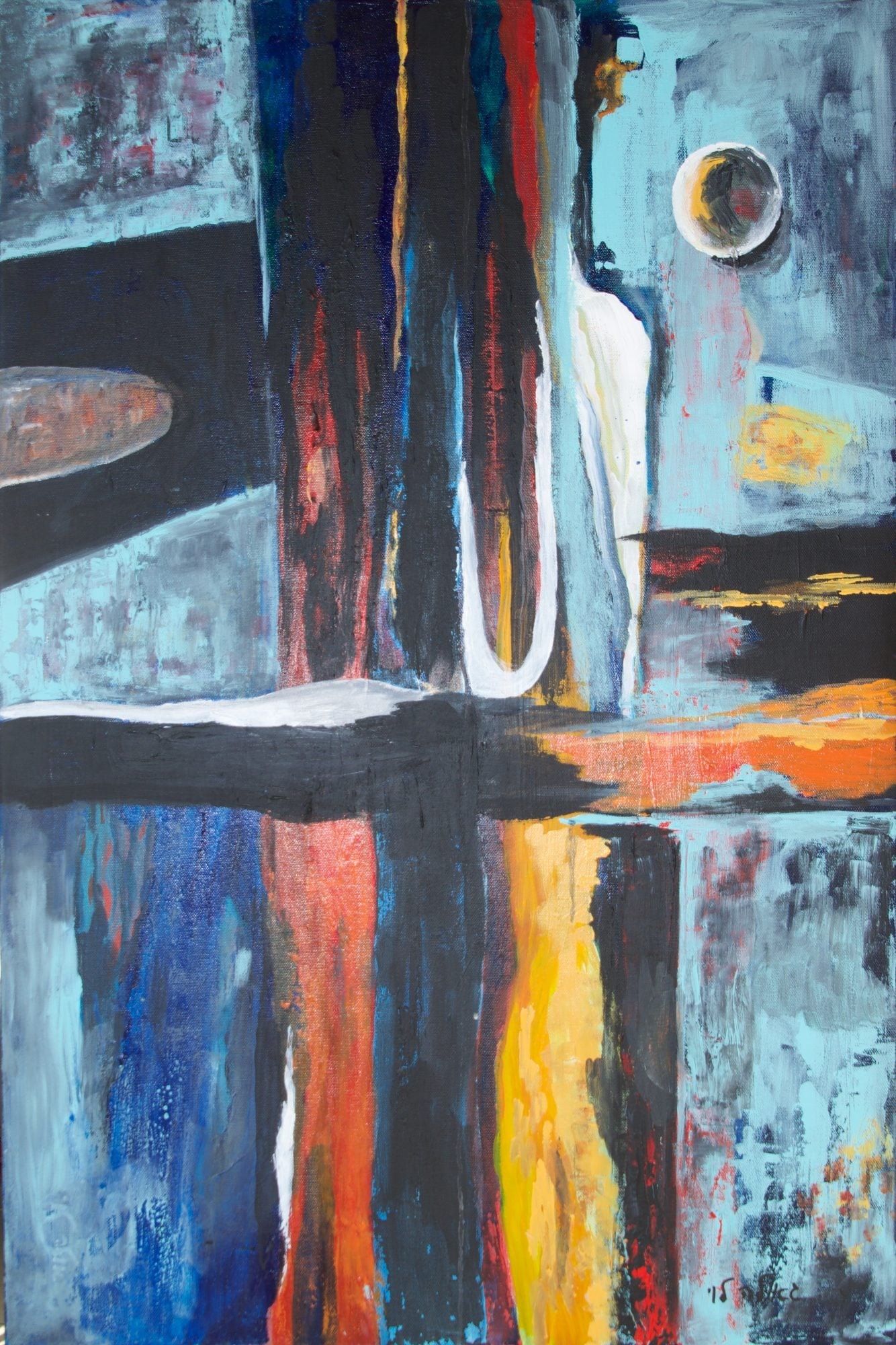 Vertical window-like panels of light blue, navy, orange and yellow divided by black bars, with a small golden moon at the upper right.